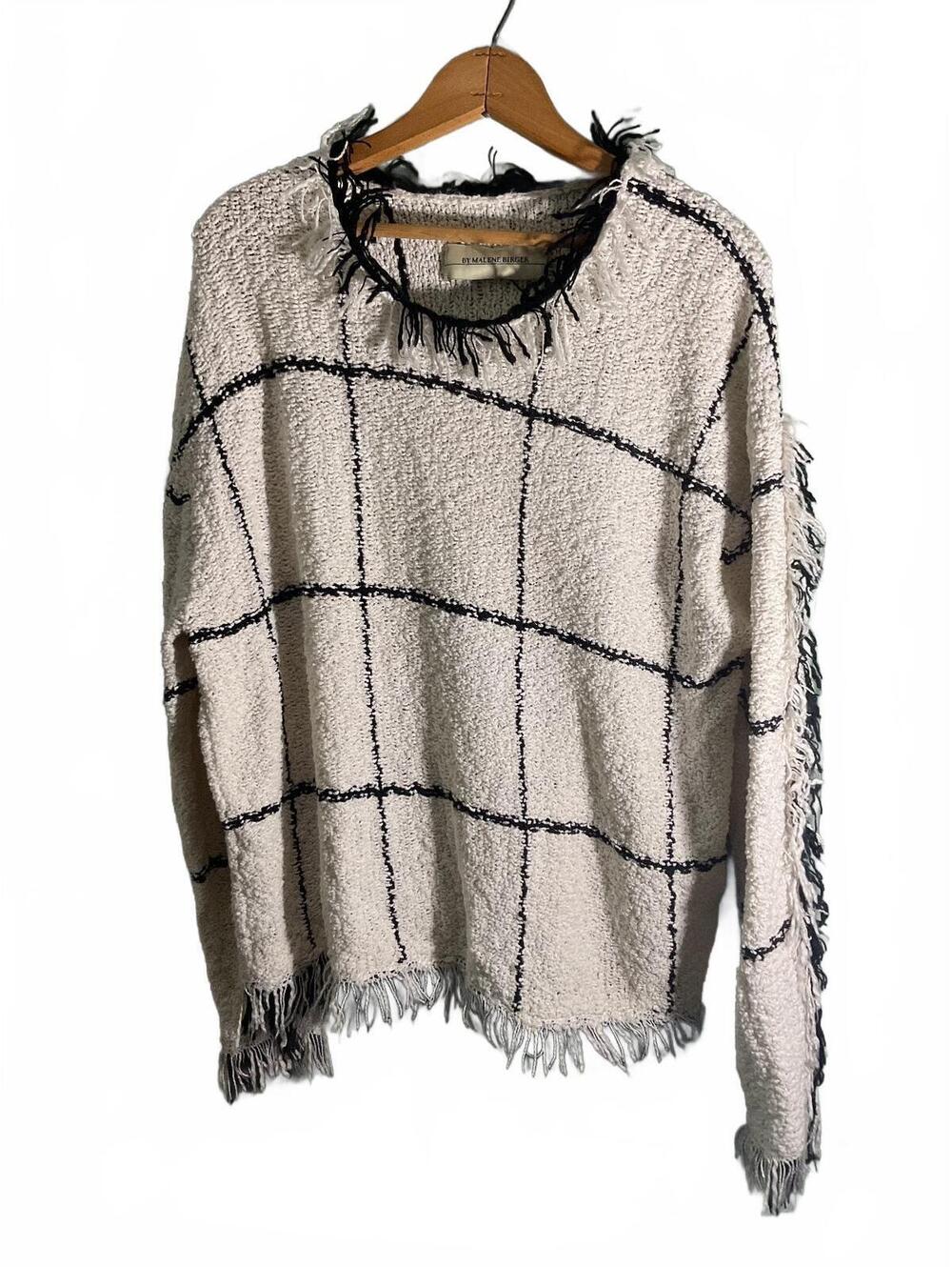 By Malene Birger Women's Cream and Black Checkered Fringe Sweater XL